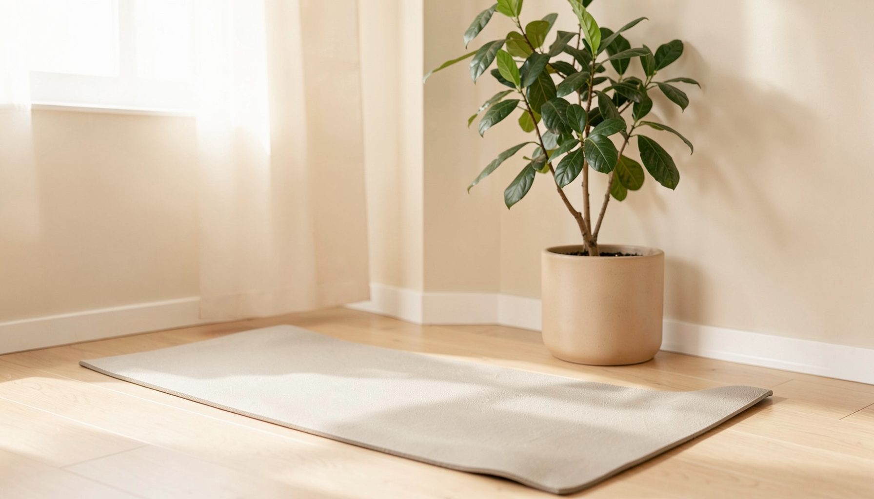 A calm, sunlit wellness scene with soft neutral tones — a yoga mat on light wooden flooring beside a potted green plant, warm beige and cream hues dominating the frame.