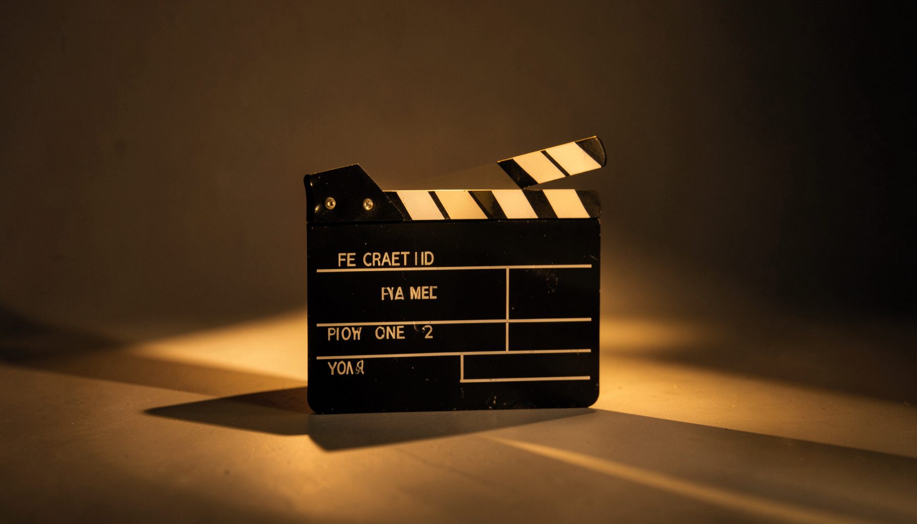 A clapperboard on a minimalist film set, warm tungsten light casting long shadows across the frame