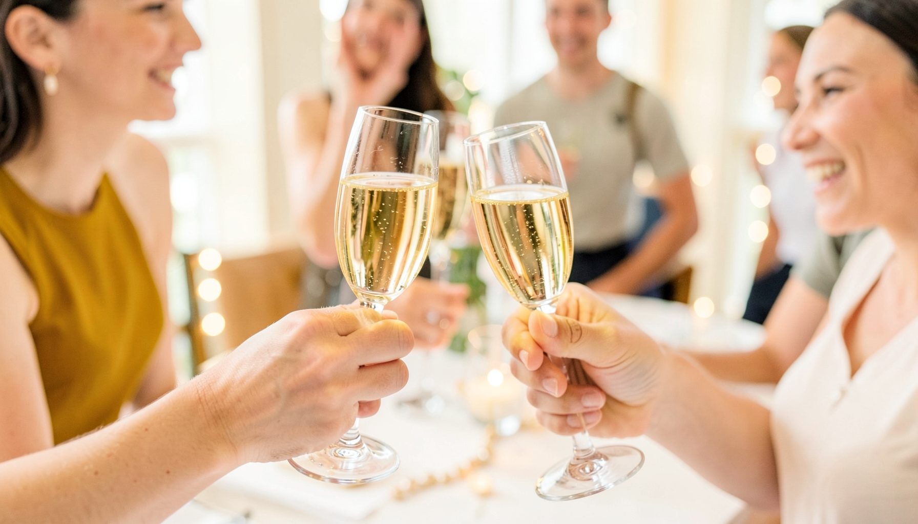 A close-up of a champagne toast at a bright modern gathering with mustard and cream tones