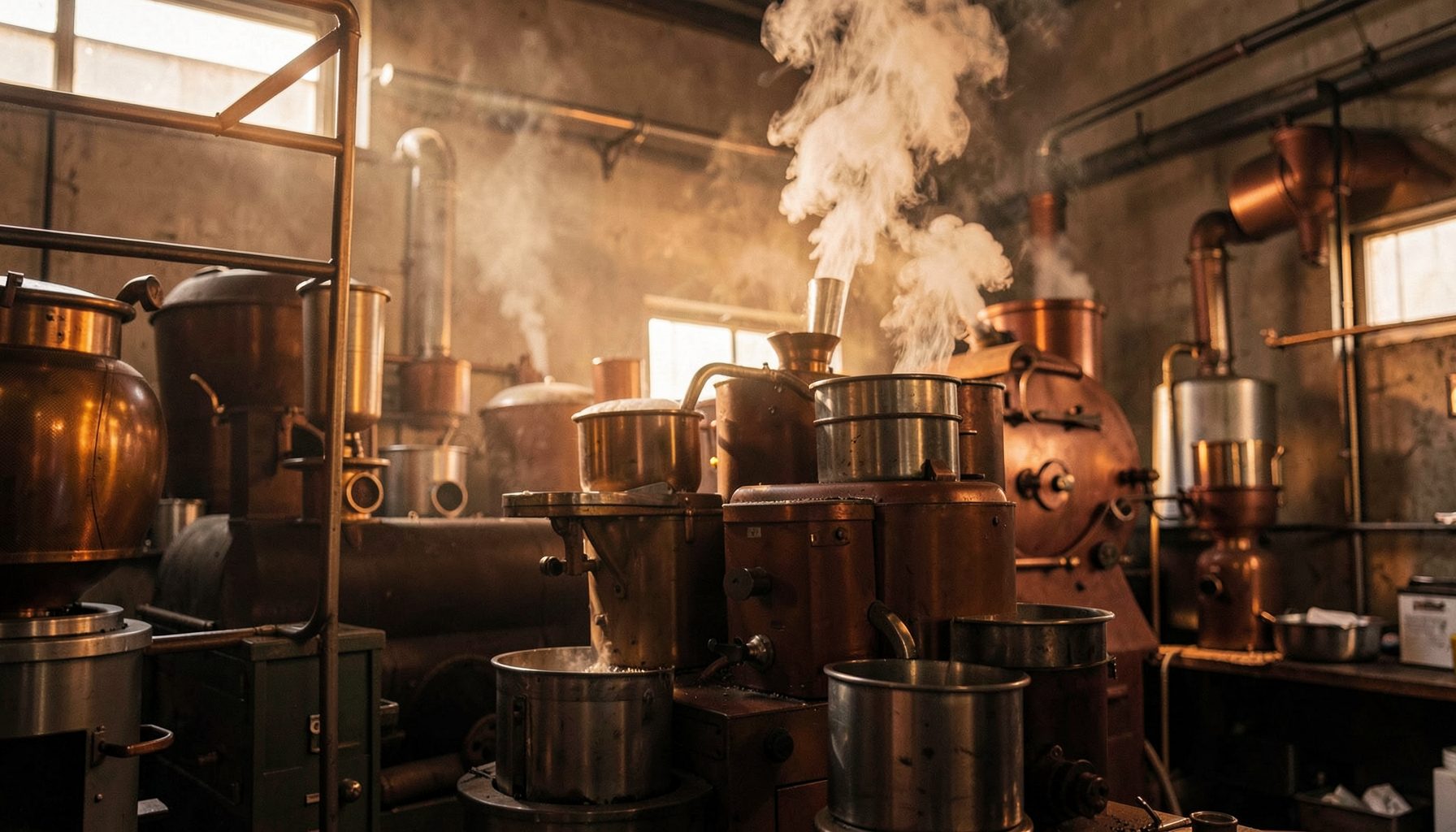 A coffee roastery with rich brown and warm copper tones, steam rising in soft morning light