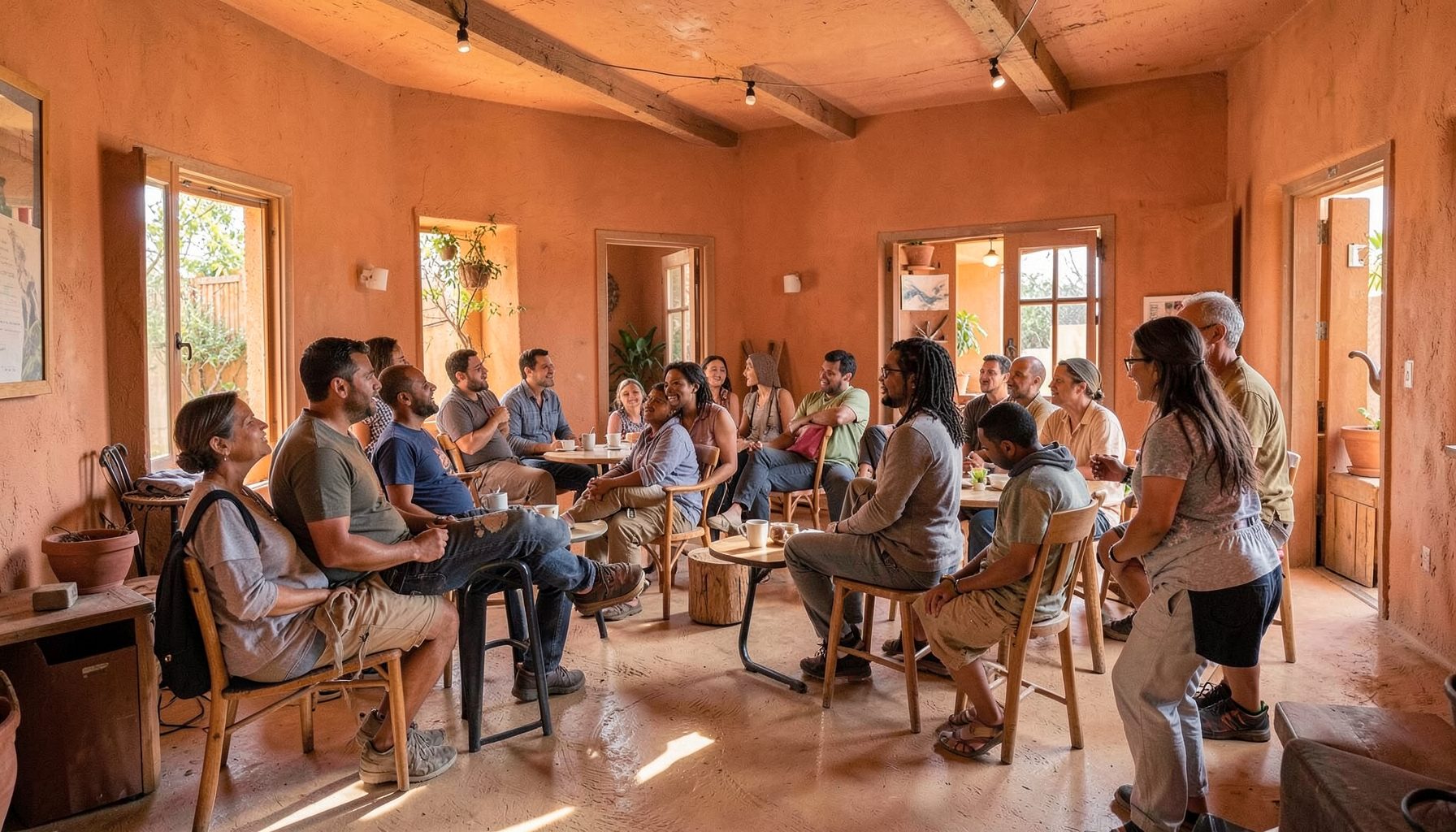 A community gathering space with warm terracotta and sand tones, evoking connection and advocacy
