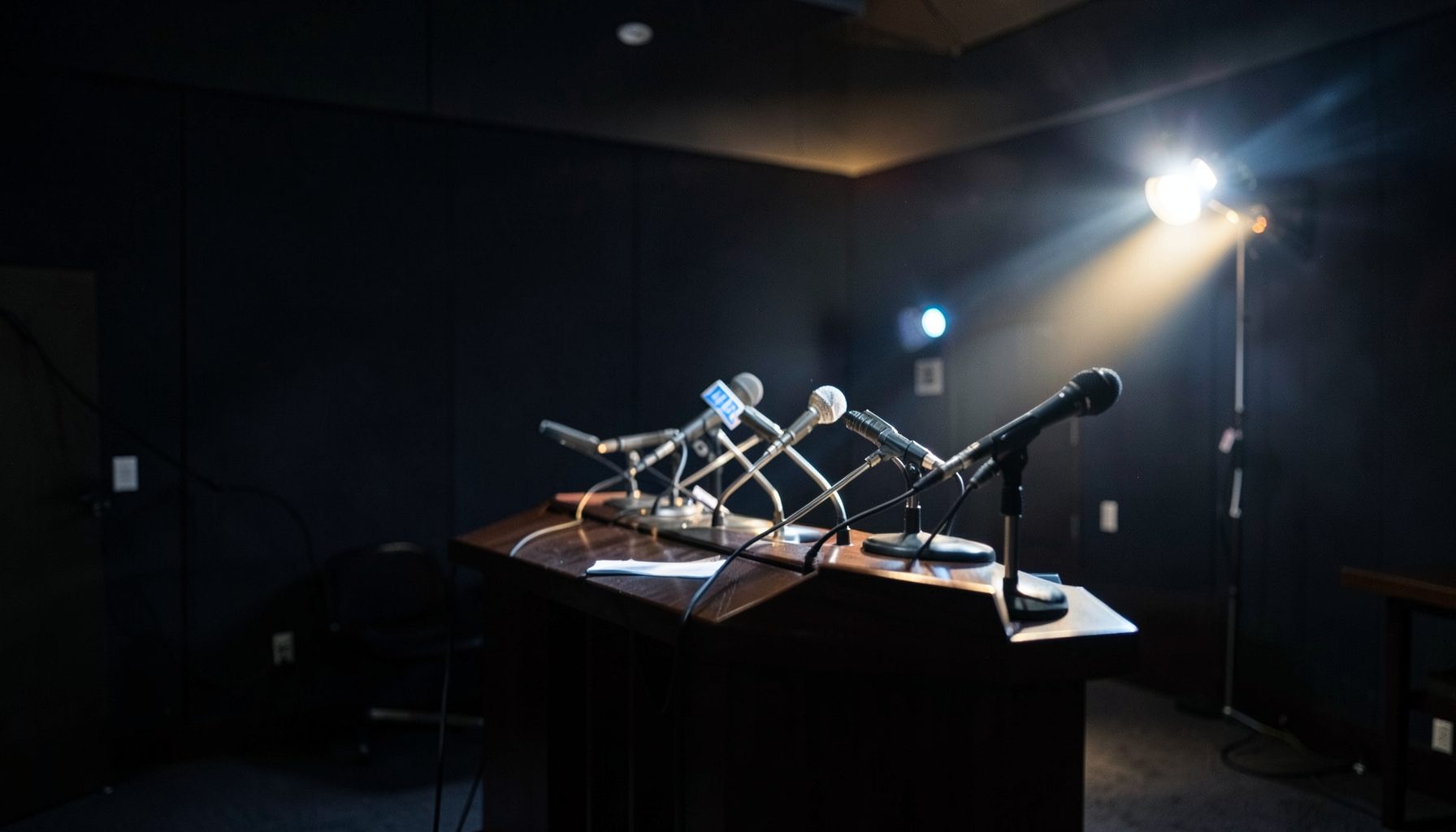 A dimly lit press room with camera flashes illuminating a row of microphones on a podium, deep navy and charcoal tones with bursts of warm white light
