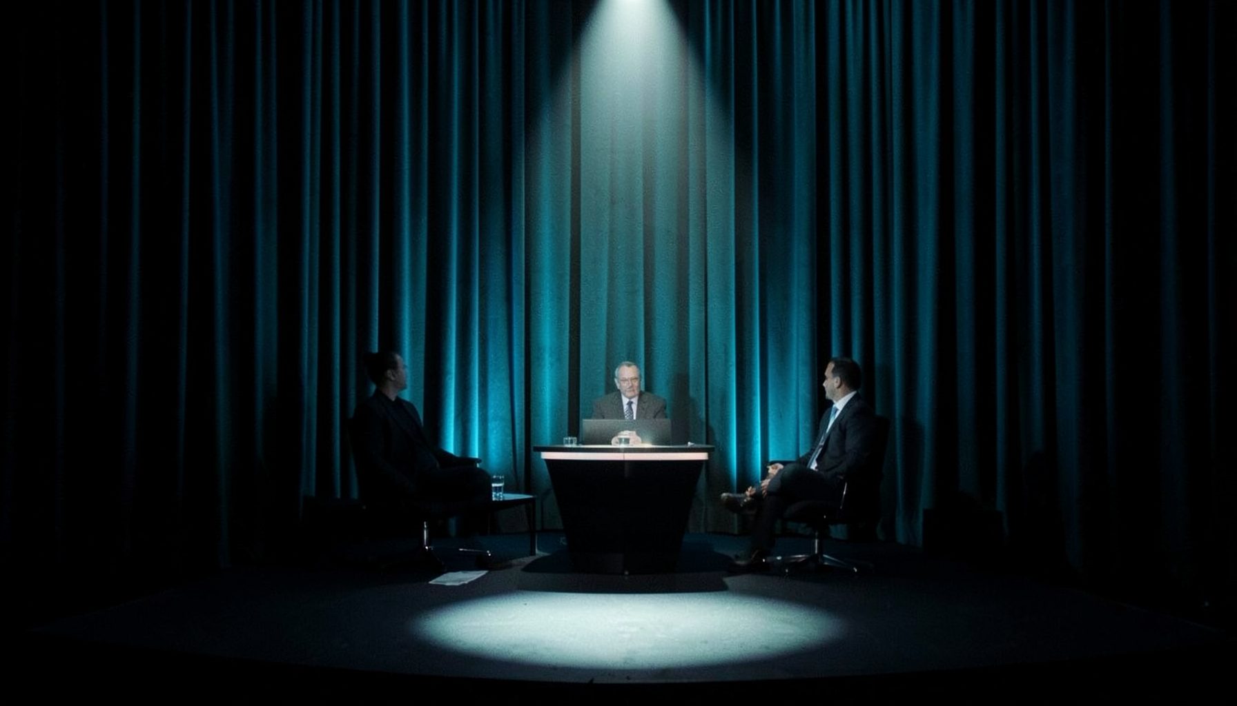 A dimly lit talk-show style stage with teal curtain and a single spotlight