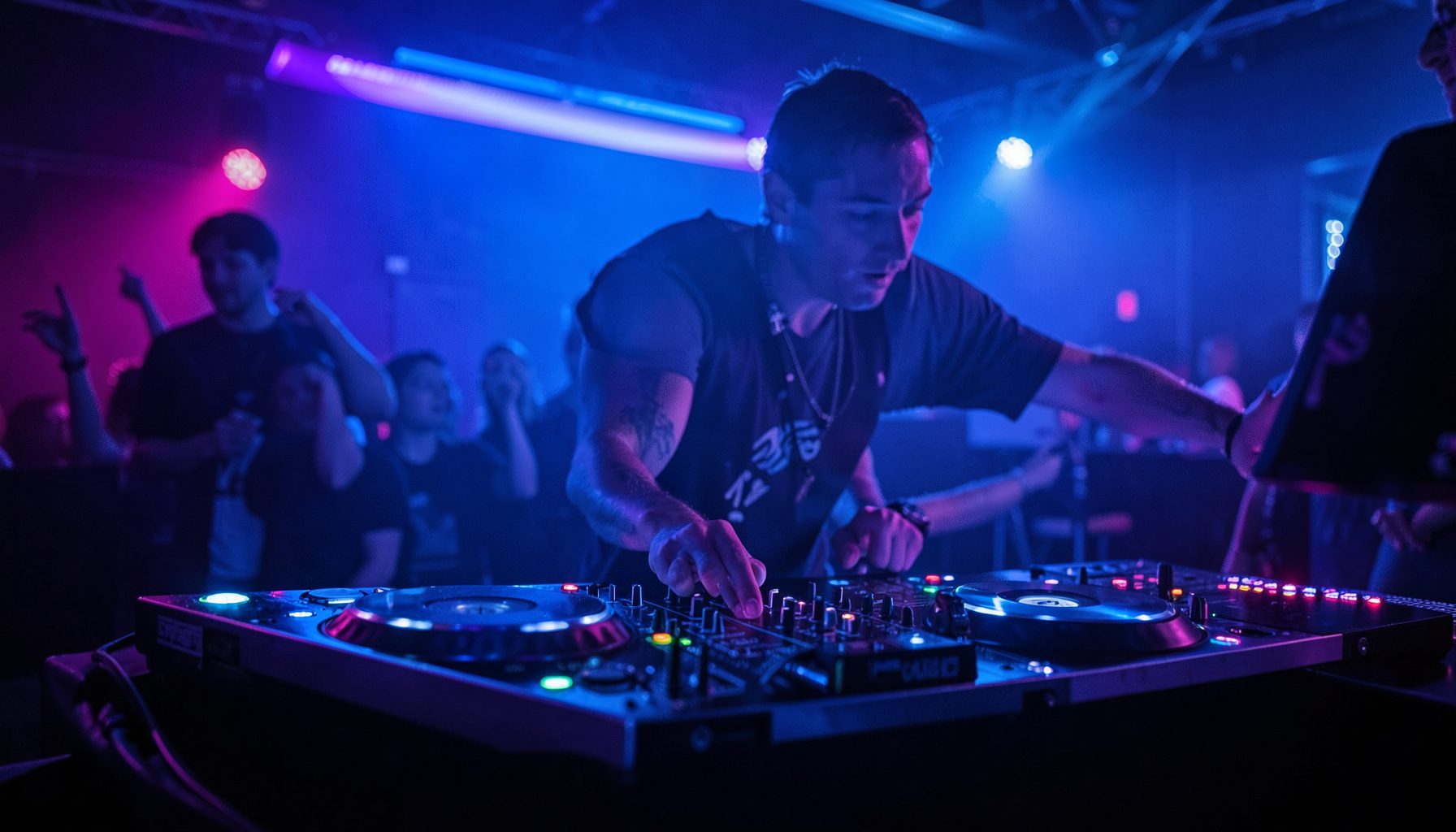 A DJ booth bathed in electric blue and magenta light, capturing the energy of dance music culture