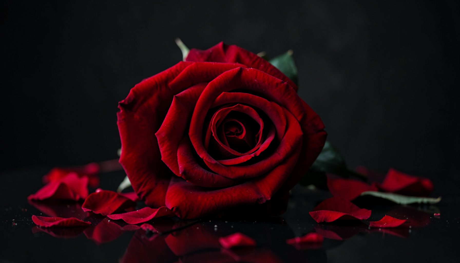 A dramatic rose arrangement in deep crimson against a moody dark backdrop, petals scattered on a reflective surface