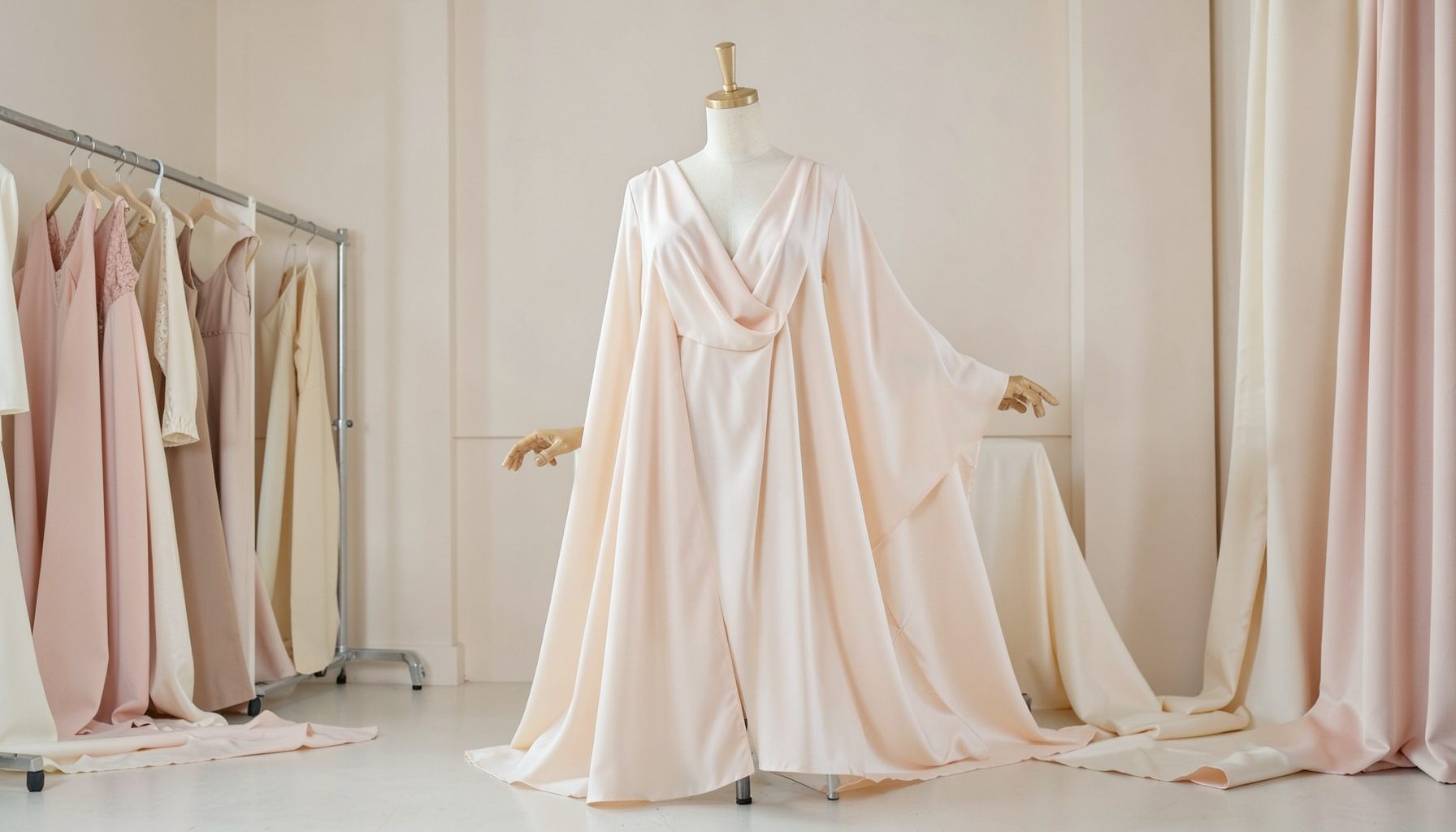 A fashion atelier with soft ivory and blush tones, fabric draped elegantly across a mannequin