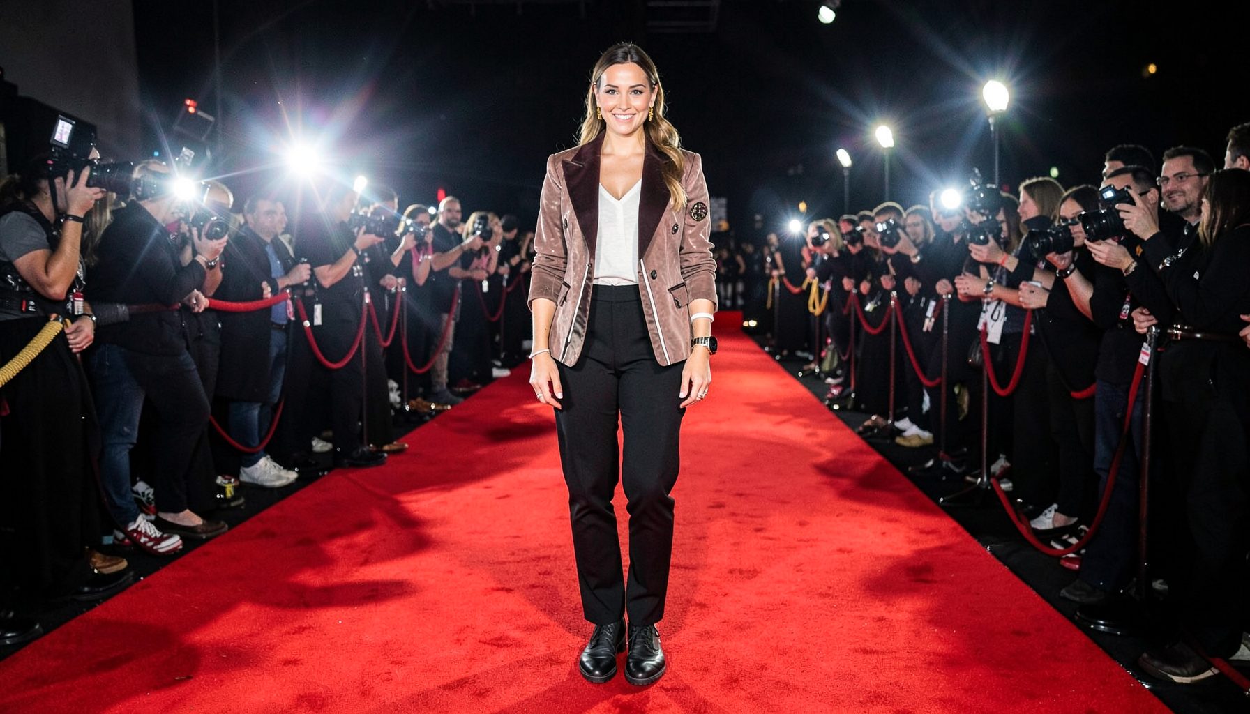 A film premiere red carpet with a star wearing a bold, fashion-forward ensemble, camera flashes illuminating the scene.