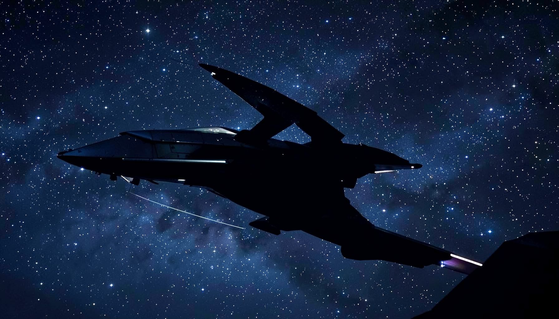 A futuristic spacecraft silhouette against a star-filled night sky, dark blues and silvers dominating the scene