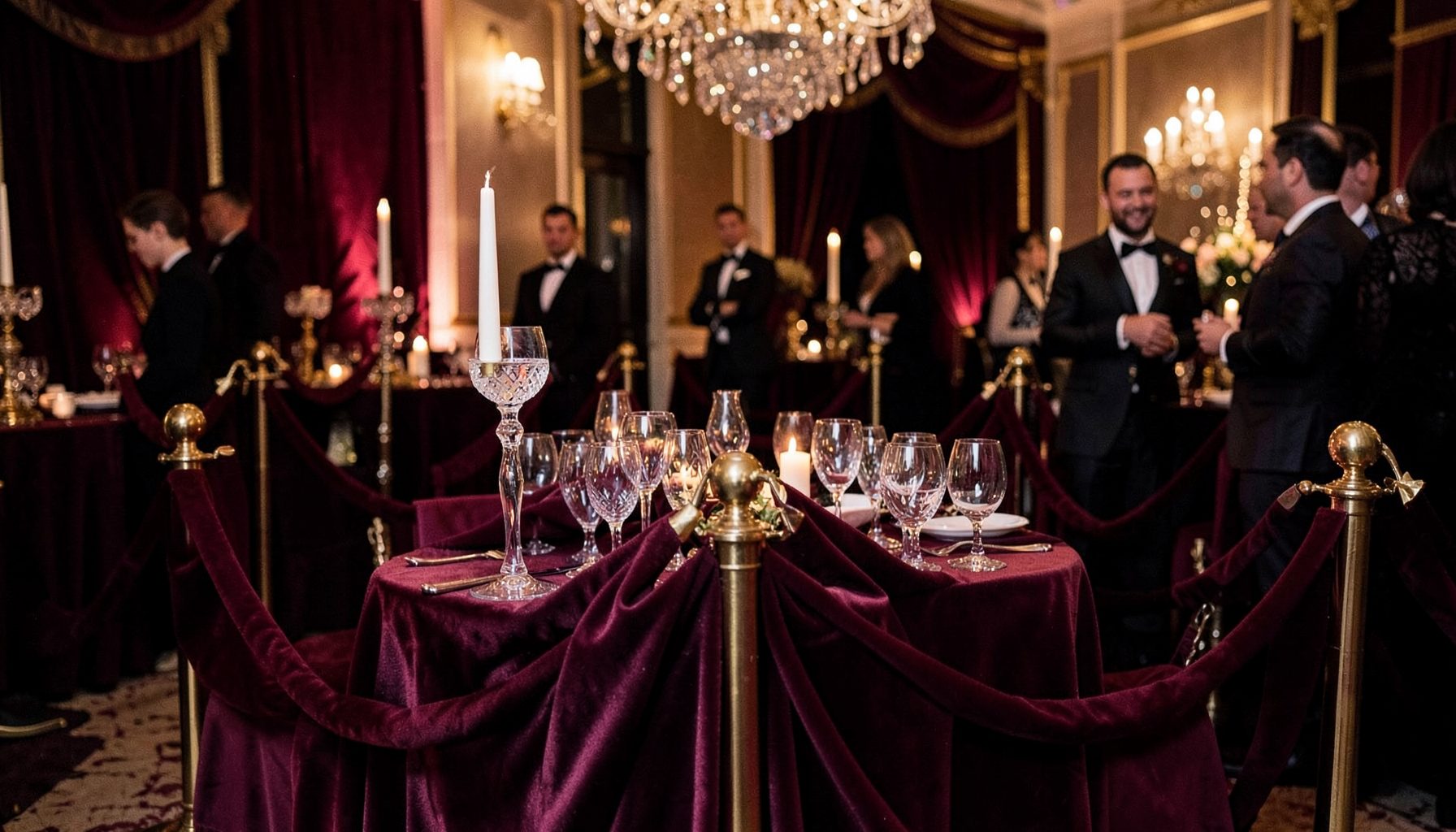 A glamorous after-party scene with velvet ropes, crystal glassware, and deep burgundy and gold accents