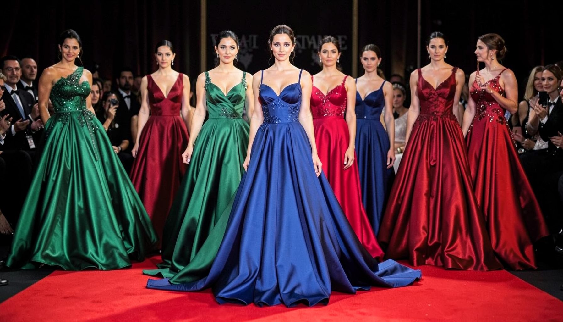 A glamorous red carpet scene with flowing evening gowns in jewel tones of emerald, sapphire, and ruby against a softly lit backdrop, evoking high-fashion elegance and celebrity style.