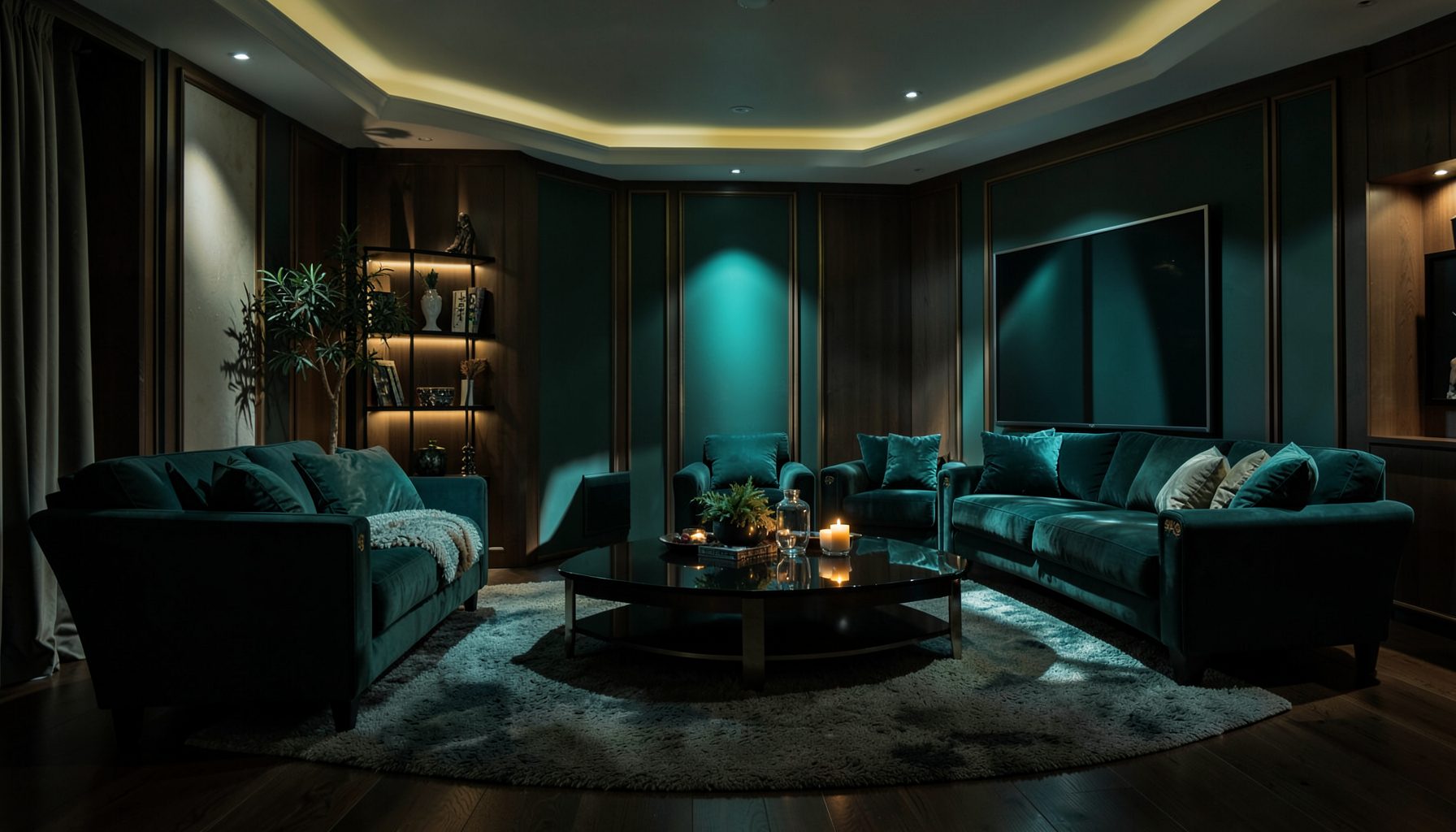 A glamorous television-style living room set with warm teal lighting and dramatic shadows