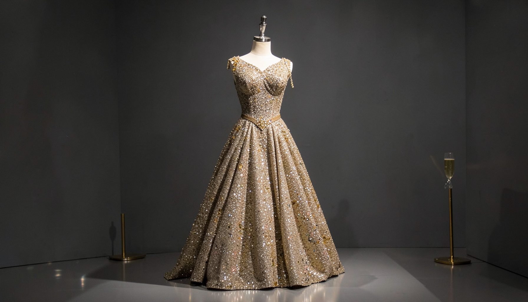 A glittering vintage gown on a mannequin under soft gallery lighting, champagne and gold tones against a muted charcoal backdrop