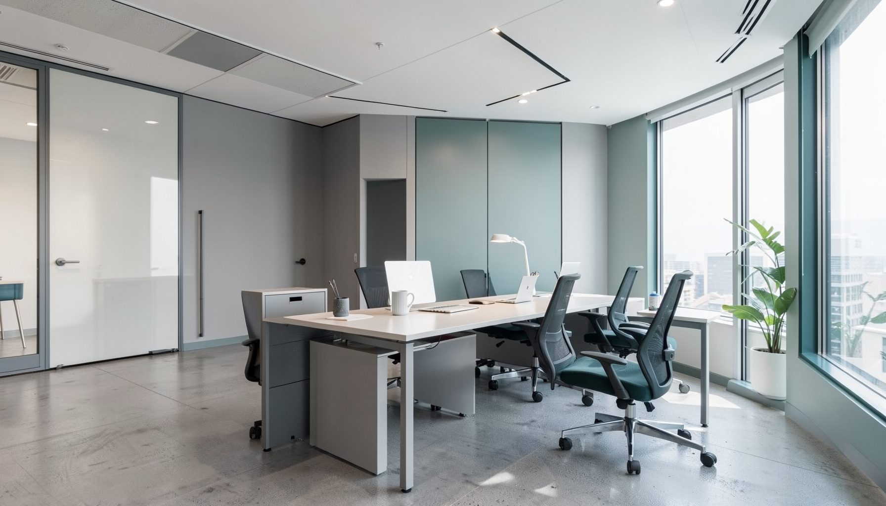 A modern office with clean lines, soft grey and teal accents, suggesting strategic leadership