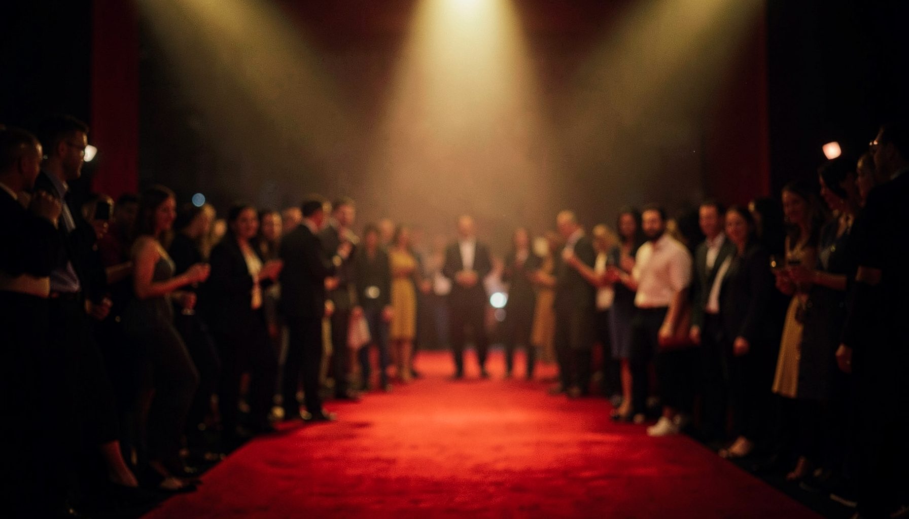 A moody red-carpet backdrop with soft golden spotlight glow and a blurred crowd, warm charcoal and mustard tones evoking glamorous nightlife