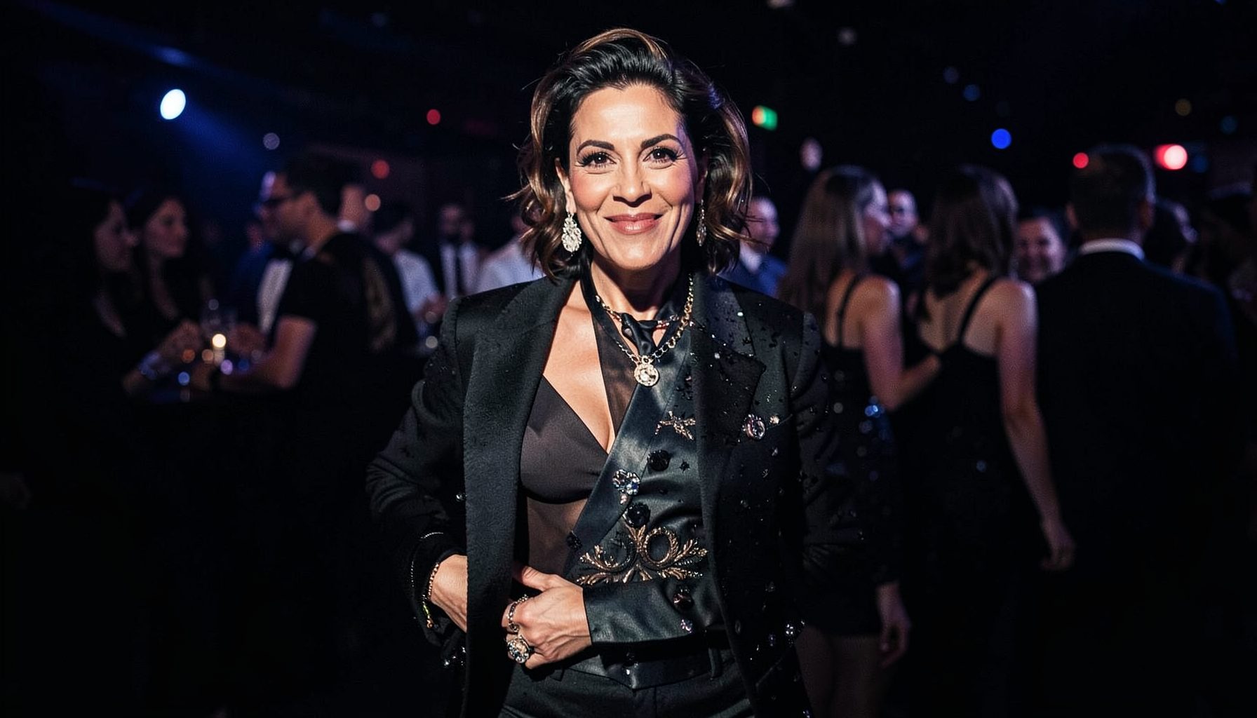 A music icon in a daring high-fashion ensemble, commanding attention at an after-party with moody, dramatic lighting.