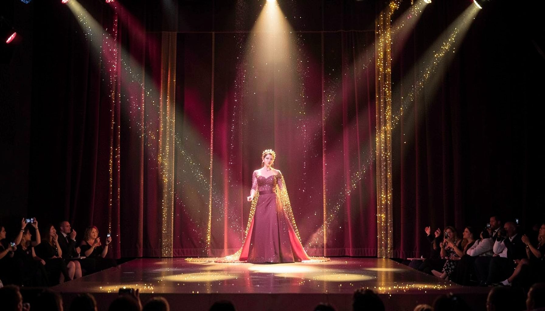 A pageant stage with shimmering gold and deep burgundy tones, spotlights casting dramatic beams