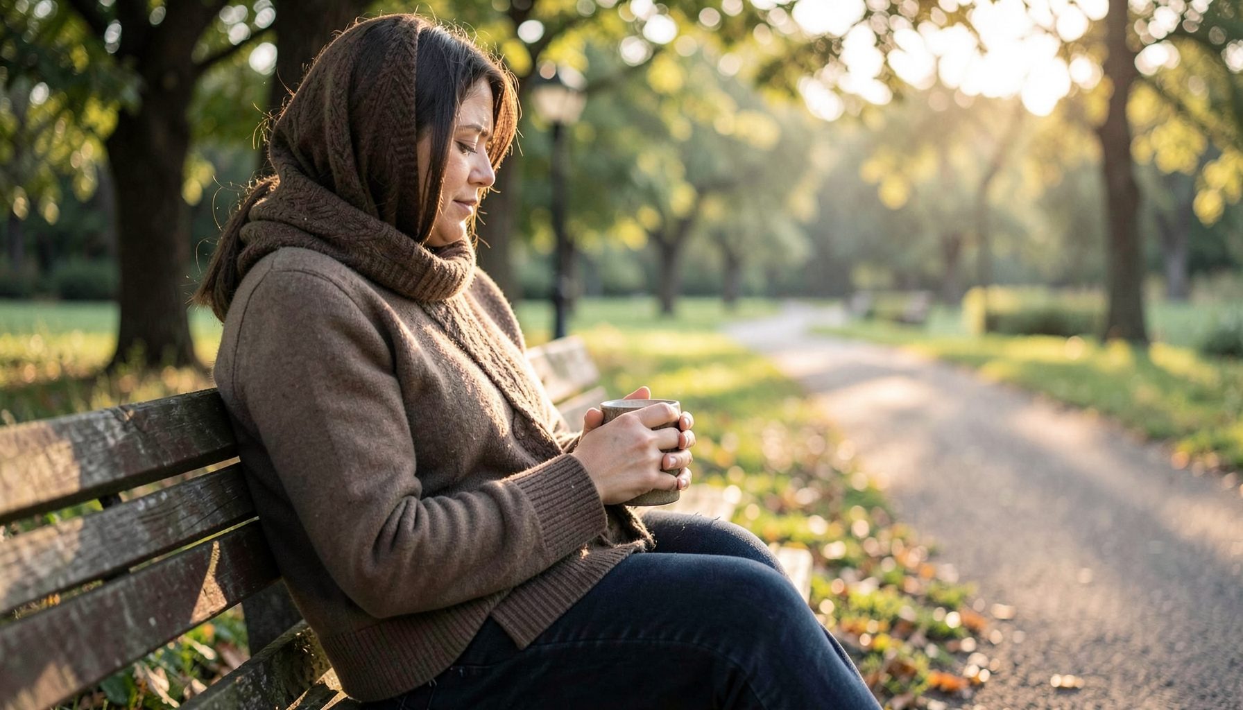 A person sits peacefully on a park bench in soft morning light, hands wrapped around a warm mug, with trees and a quiet path stretching behind them in gentle greens and earthy browns.
