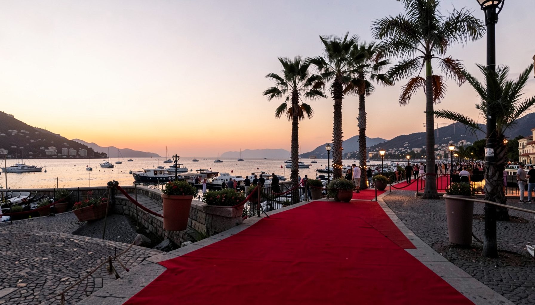 A red-carpet scene at dusk along the French Riviera, soft golden hour light, palm trees silhouetted against a pastel sky