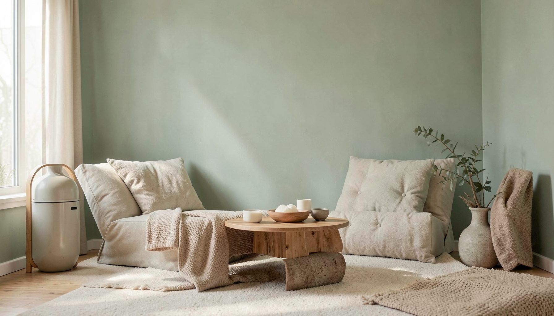 A serene wellness space with soft sage green and warm neutral tones, evoking mind-body balance