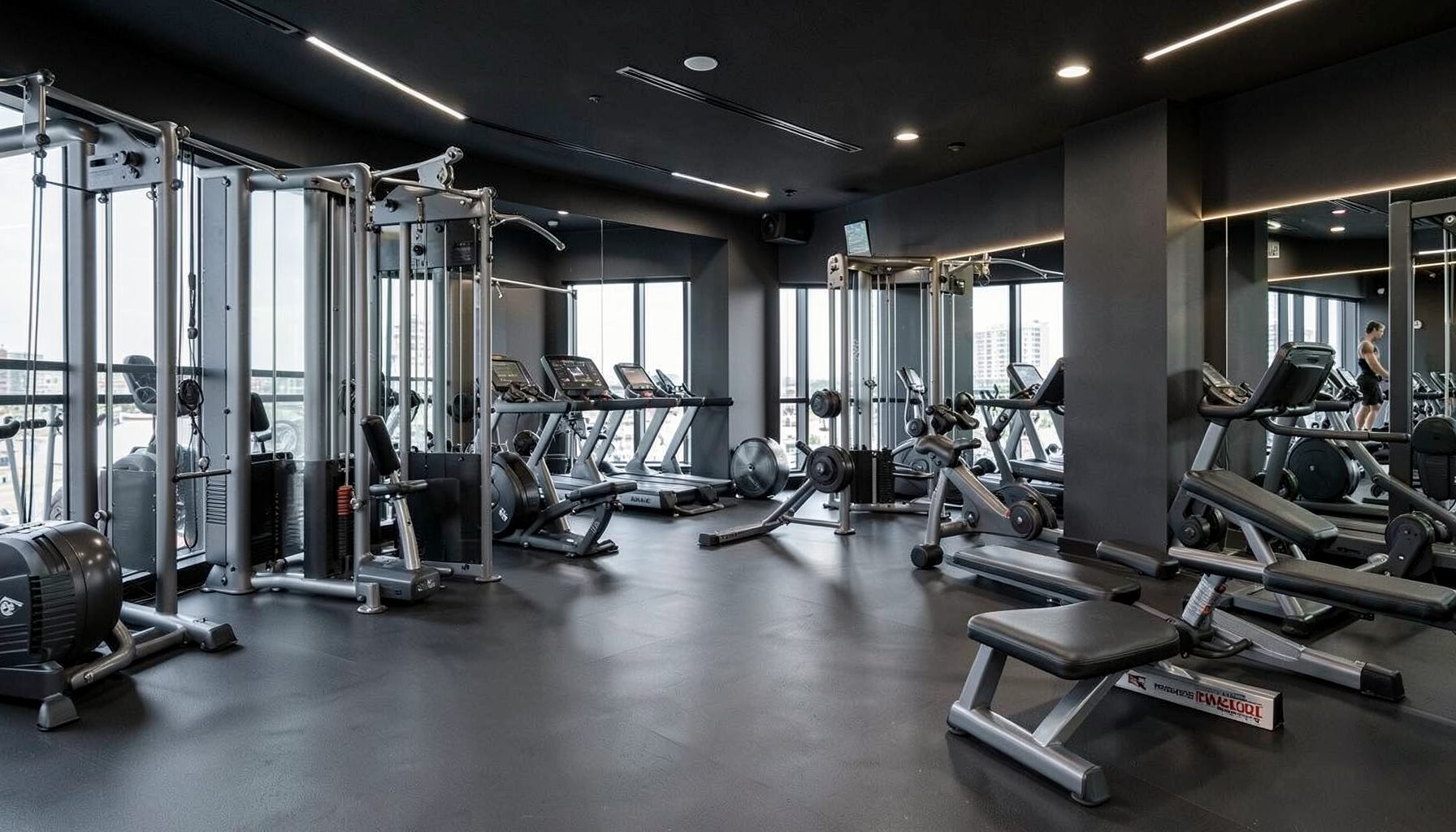 A sleek modern gym interior with charcoal and steel tones, conveying discipline and elite performance