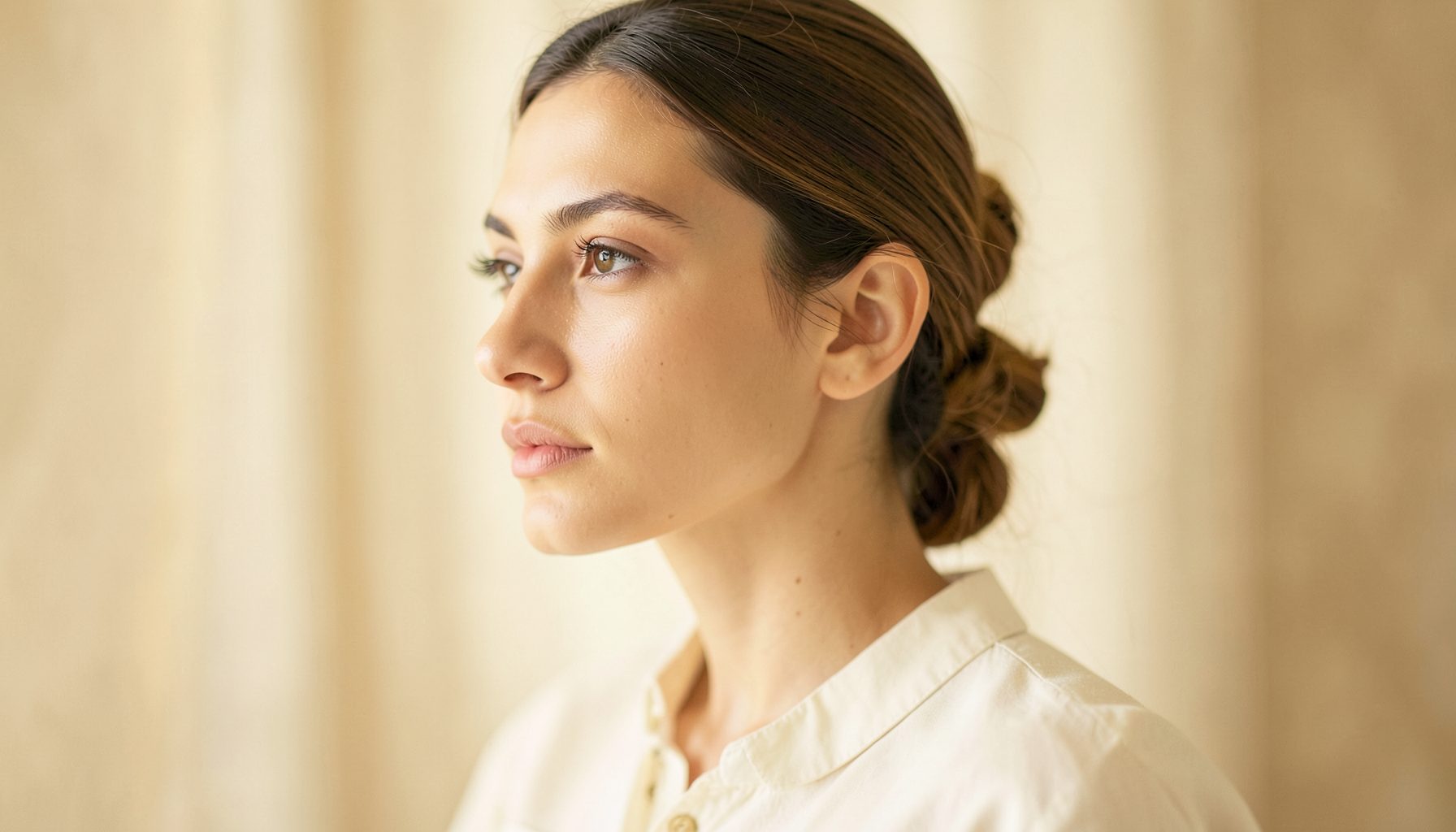 A softly lit portrait-style composition with warm cream and muted gold tones, suggesting an elegant profile feature on a creative individual.