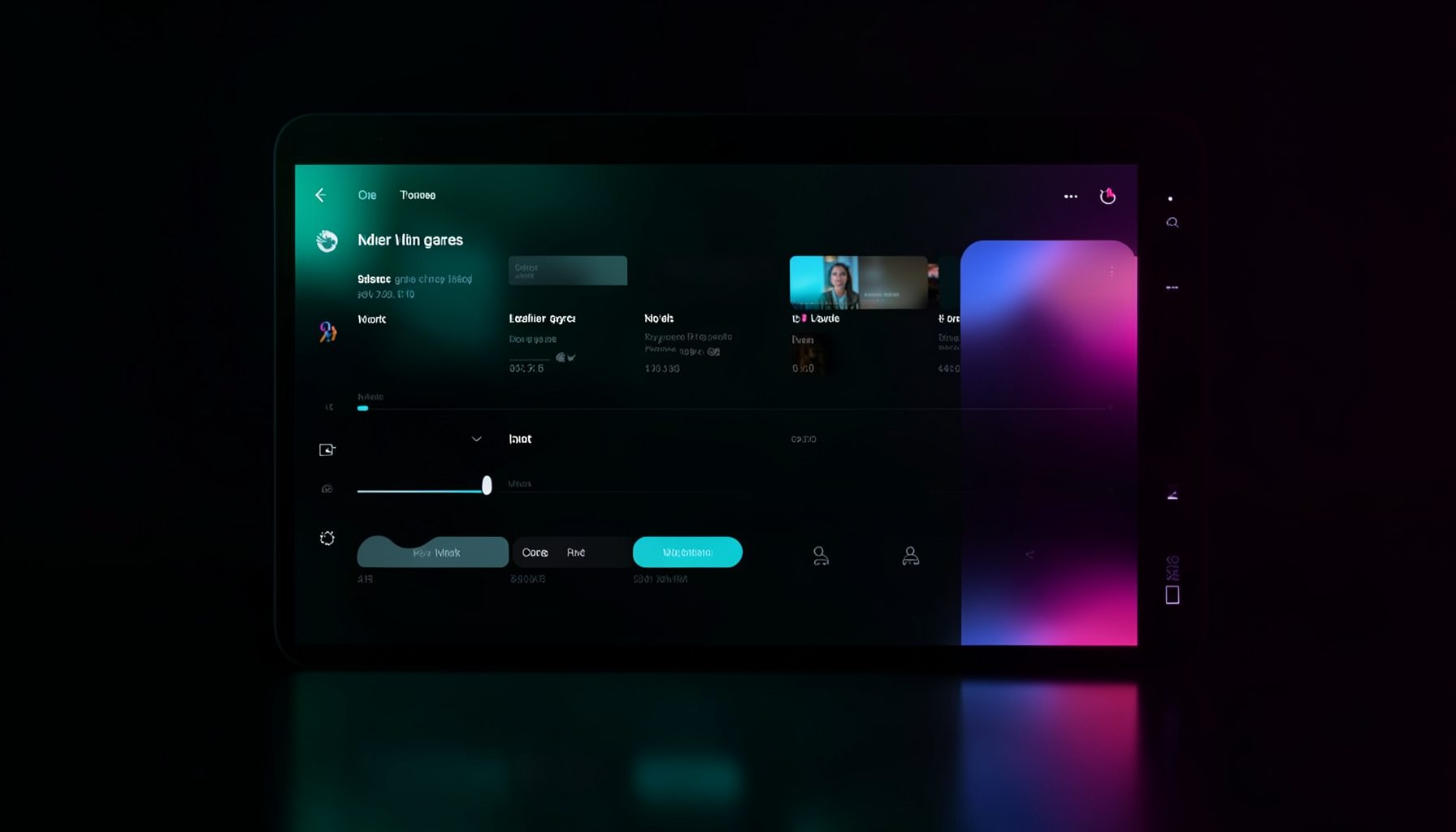 A streaming-platform interface on a dark screen, with soft neon glows in teal and magenta reflecting on a glossy surface
