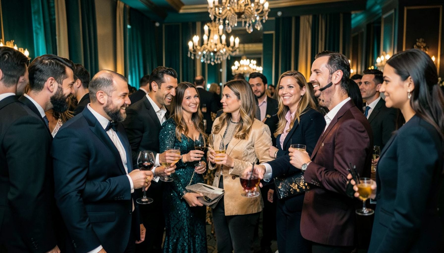 A stylish gathering of friends at an upscale gold and teal toned social event