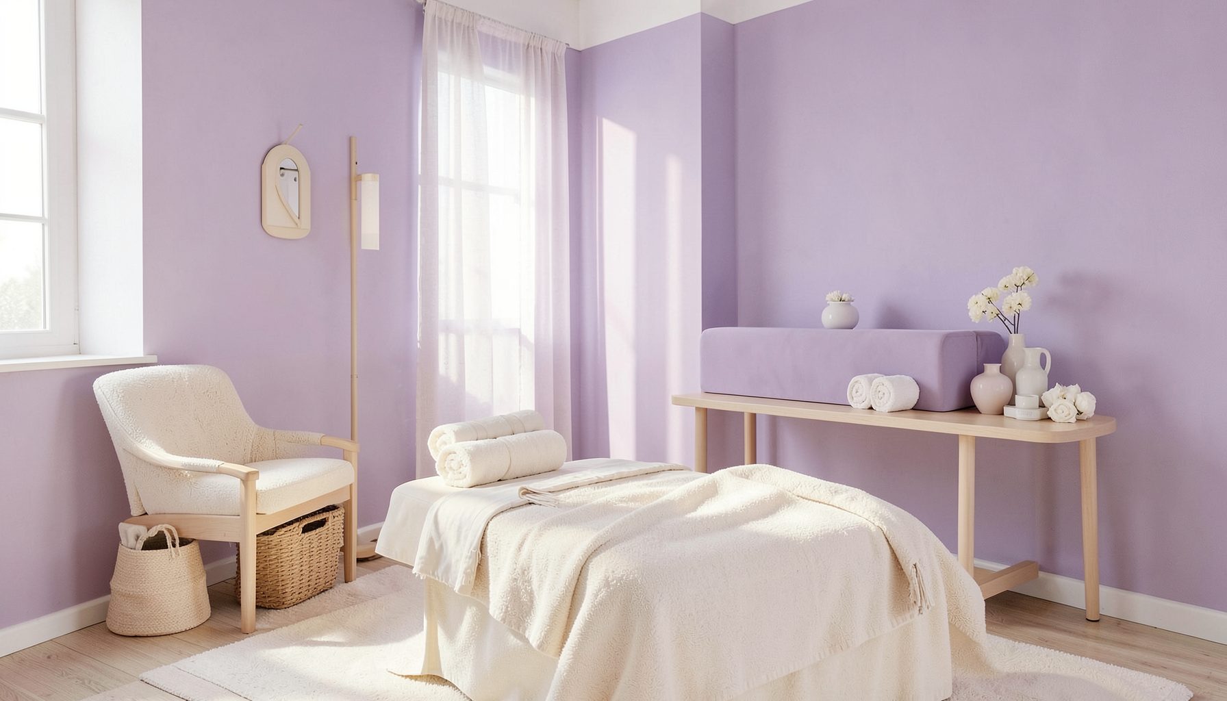A tranquil therapy room with soft lavender and cream tones, suggesting holistic healing and complementary care