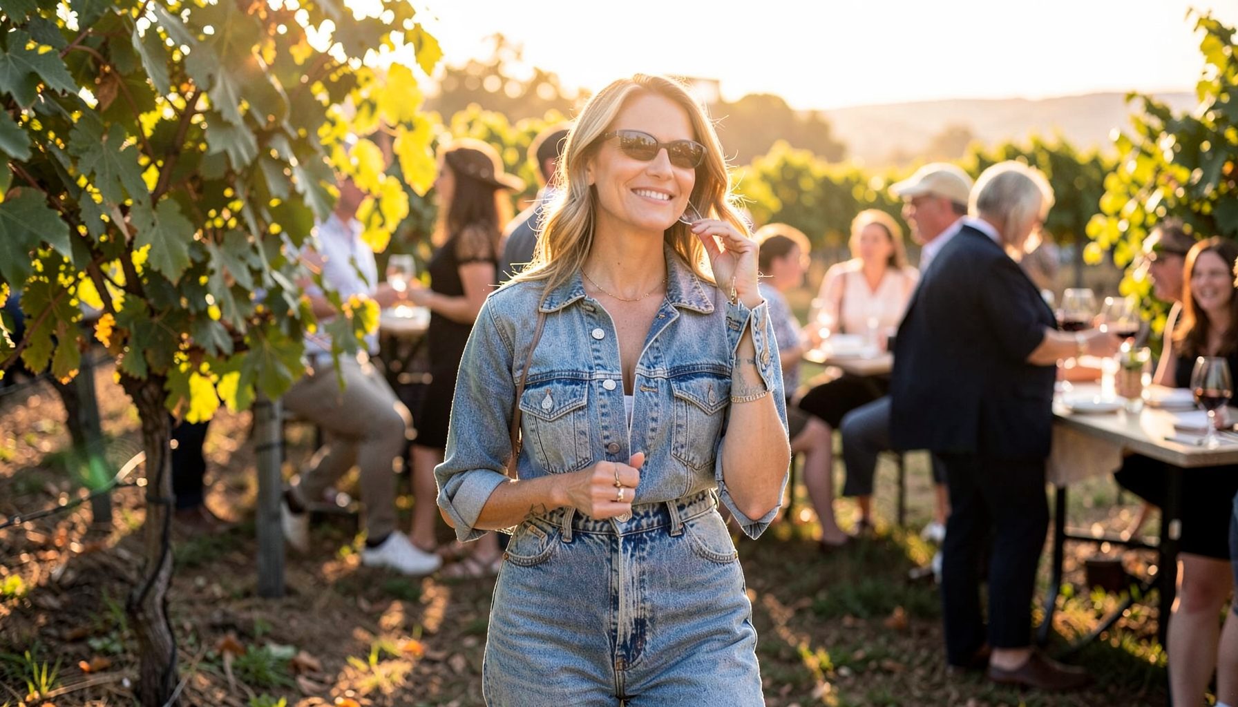 A woman in a chic double-denim ensemble at an outdoor wine-tasting event, golden-hour sunlight filtering through vineyard leaves.