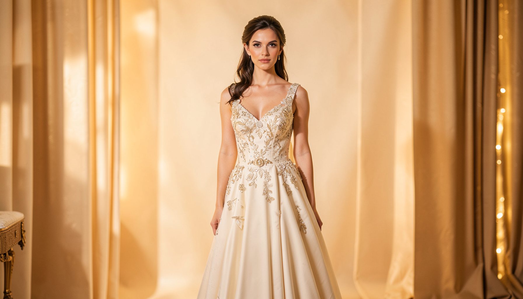 A woman in an elegant gown standing against a warm, softly lit backdrop with gold and cream tones