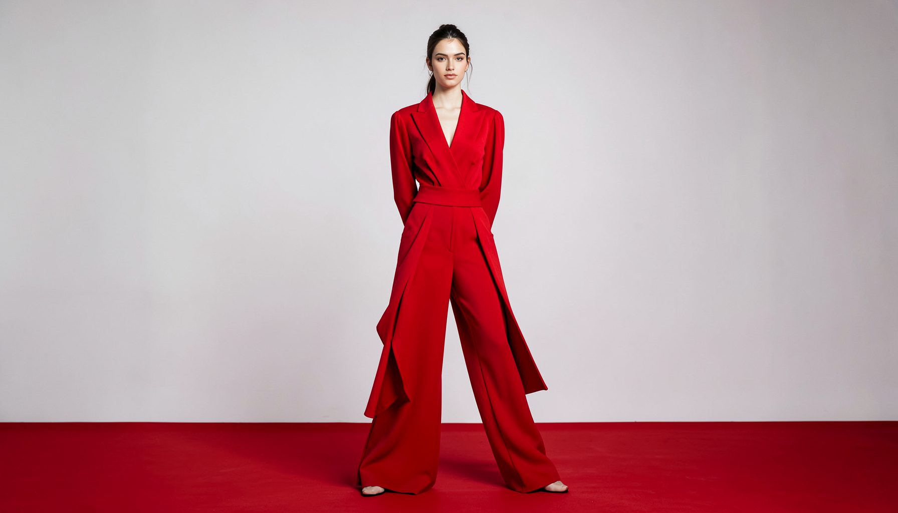 A young woman in an avant-garde red-carpet look with sculptural tailoring, poised and elegant against a minimalist backdrop.