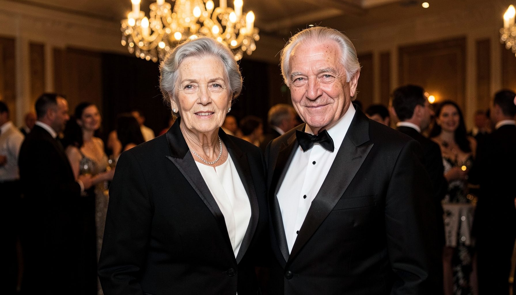 An older couple in refined formalwear at a charity ball, soft golden chandelier light casting warm shadows