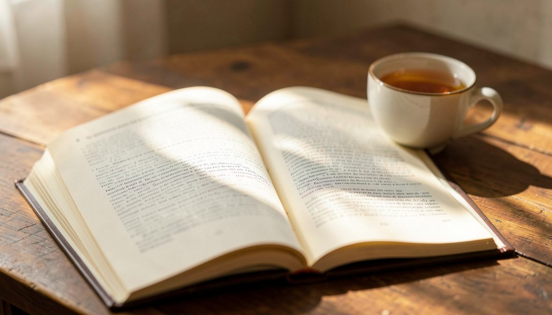 An open journal rests on a wooden desk beside a cup of herbal tea, with soft natural light streaming across the pages in warm cream and honey tones.