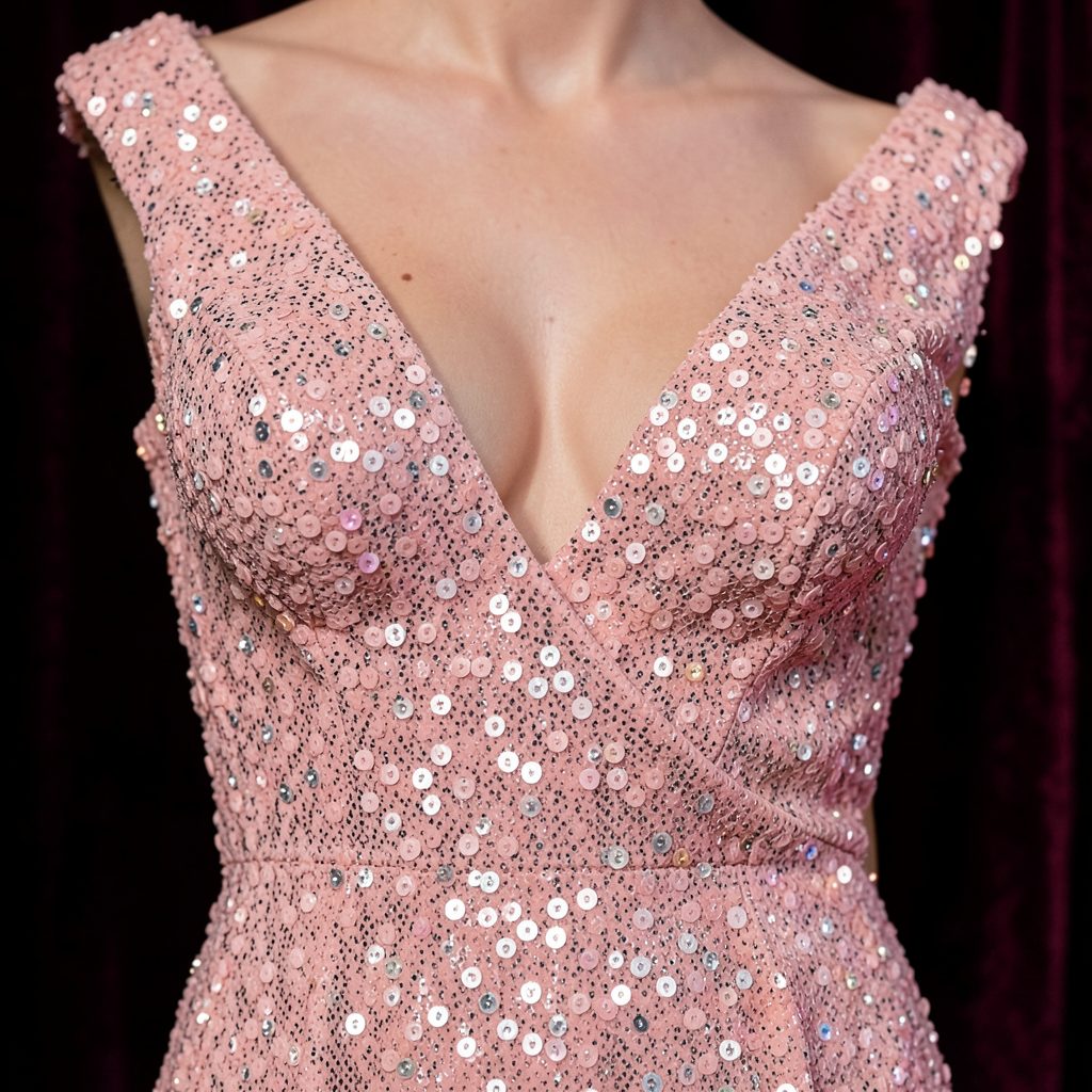 Close-up of a sparkling sequined evening gown in blush pink against a dark velvet background, evoking red-carpet glamour