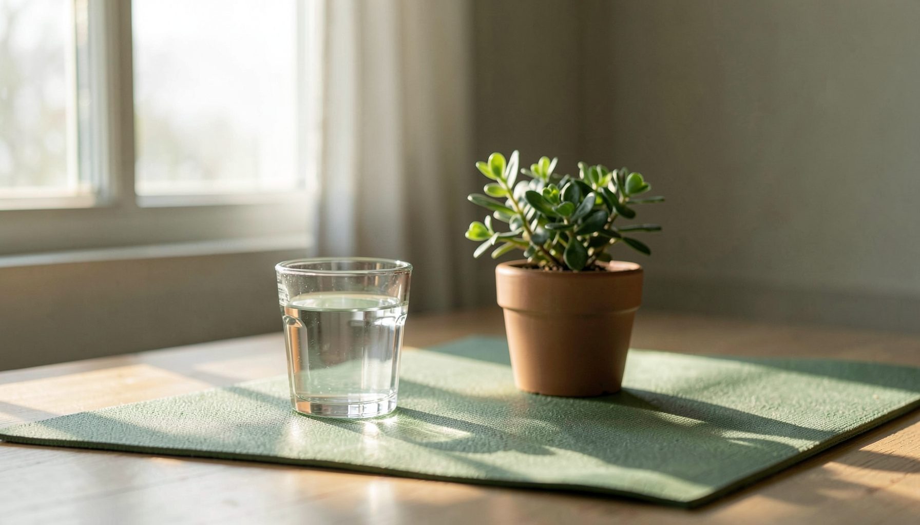 Soft morning light filters through a window onto a yoga mat, a glass of water, and a small potted plant, creating a calm and restorative atmosphere in muted greens and warm neutrals.