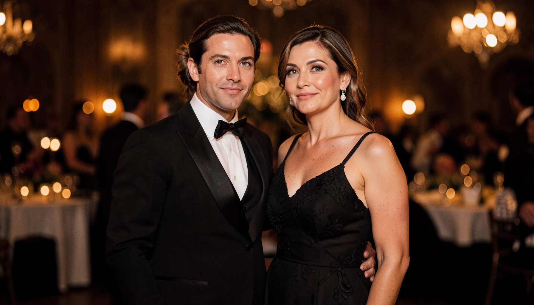 Two elegant figures in evening wear standing close together at a dimly lit gala, warm amber tones and soft bokeh lights
